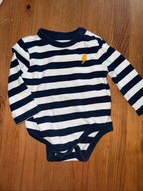Joe Fresh Navy & White Striped Long-Sleeve Baby One-Piece with Yellow Bolt